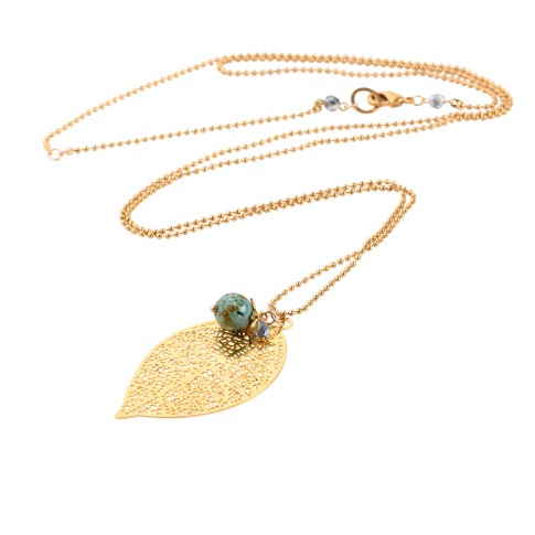 Van Gogh Necklace with gold plated leaf and gemstone, by Ellen Beekmans®